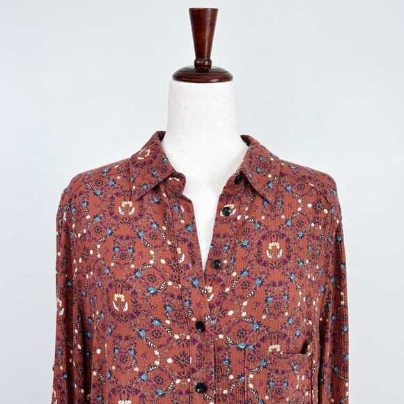 Natural Life Autumn Brown Floral Crinkle Texture Button-Up Shirt - Picture 2 of 8